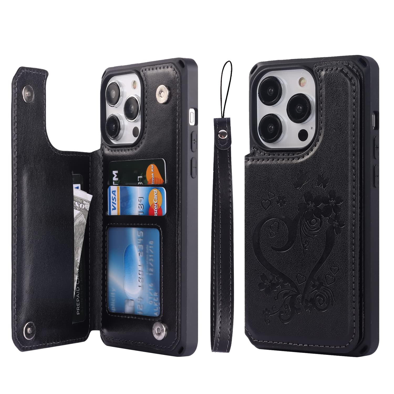 Cavor for iPhone 14 Pro Case with Card Holder,for iPhone 14 Pro Wallet Case for Women Men,Phone Case for iPhone 14 pro with Stand Credit Card Holder, Leather Strap Shockproof Cover- Black