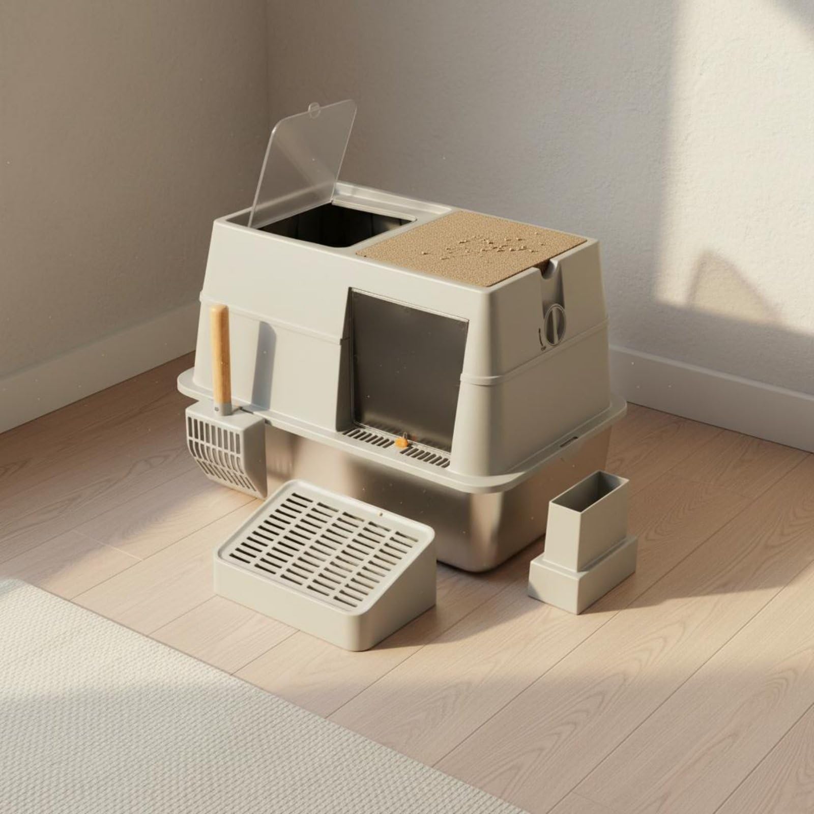 Contenedor de Residuos Encerrado para Gatos Caja de Arena Baño para Gatos Arenero con Control de Olores y Construcción, 60 X 40 X 40.5 Cm, Caja De Arena Cerrada con Entrada Frontal
