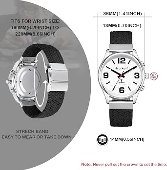 Hearkent Analog Talking Watch for Visually Impaired Large Numbers and Dial | For Men Women Blind Elderly, Clear American Accent, Time Set Itself, Hourly Chime, A Daily Alarm, Elastic Nylon Watch Strap