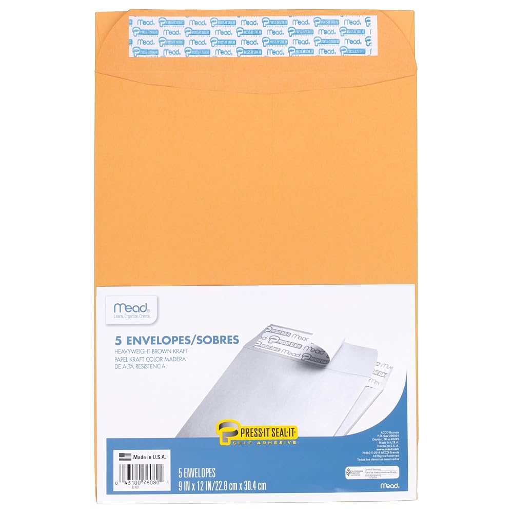 Mead Press It-Seal-It Envelopes (MEA76080), Kraft, 9 x 12 Inches