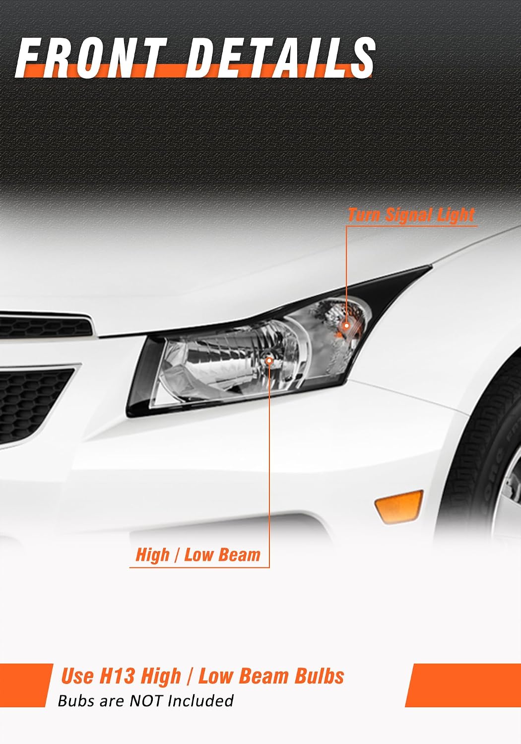 Headlight Assembly for 2011-2015 Chevy Cruze LS/LT/LTZ | 2016 Chevy Cruze Limited Black Housing Clear Reflector Headlamp Replacement Pair
