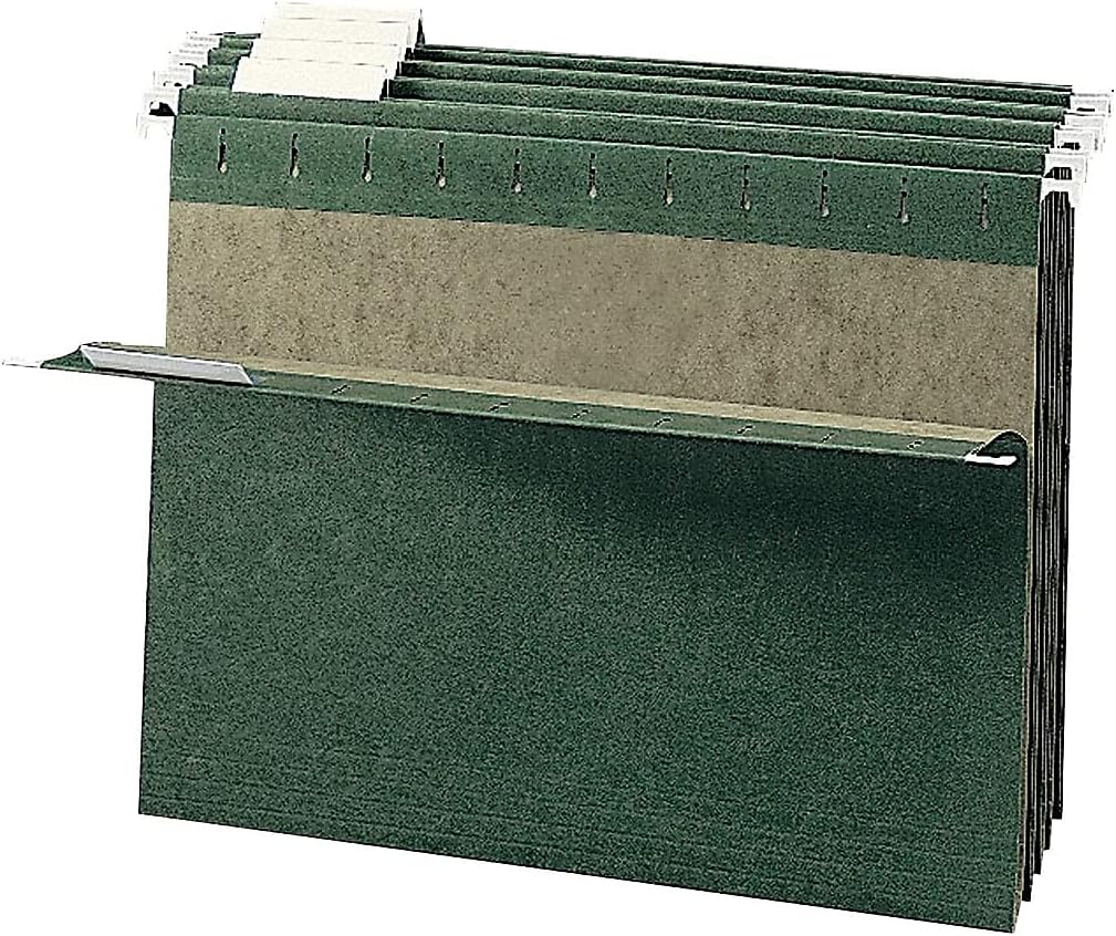 Smead 100% Recycled Hanging File Folder with Tab, 1/5-Cut Adjustable Tab, Letter Size, Standard Green, 25 per Box (65001)