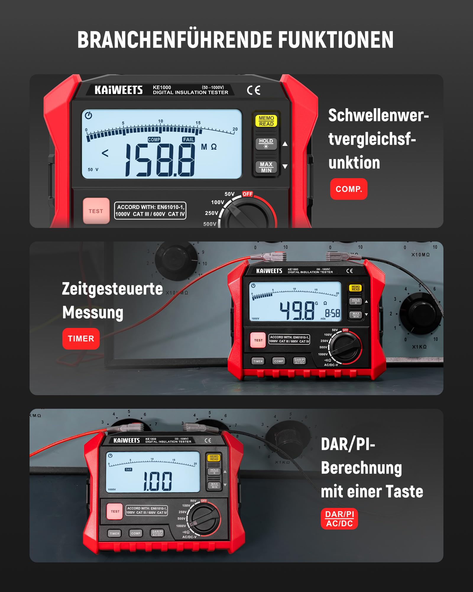 KAIWEETS Isolationsmessgerät, Isolationswiderstandsmessgerät, bis zu 100 GΩ, 50 V/100 V/250 V/500 V/1000 V, One-Touch-DAR/PI, mit AC/DC-Spannungsprüfung für Motoren, Solar, HLK