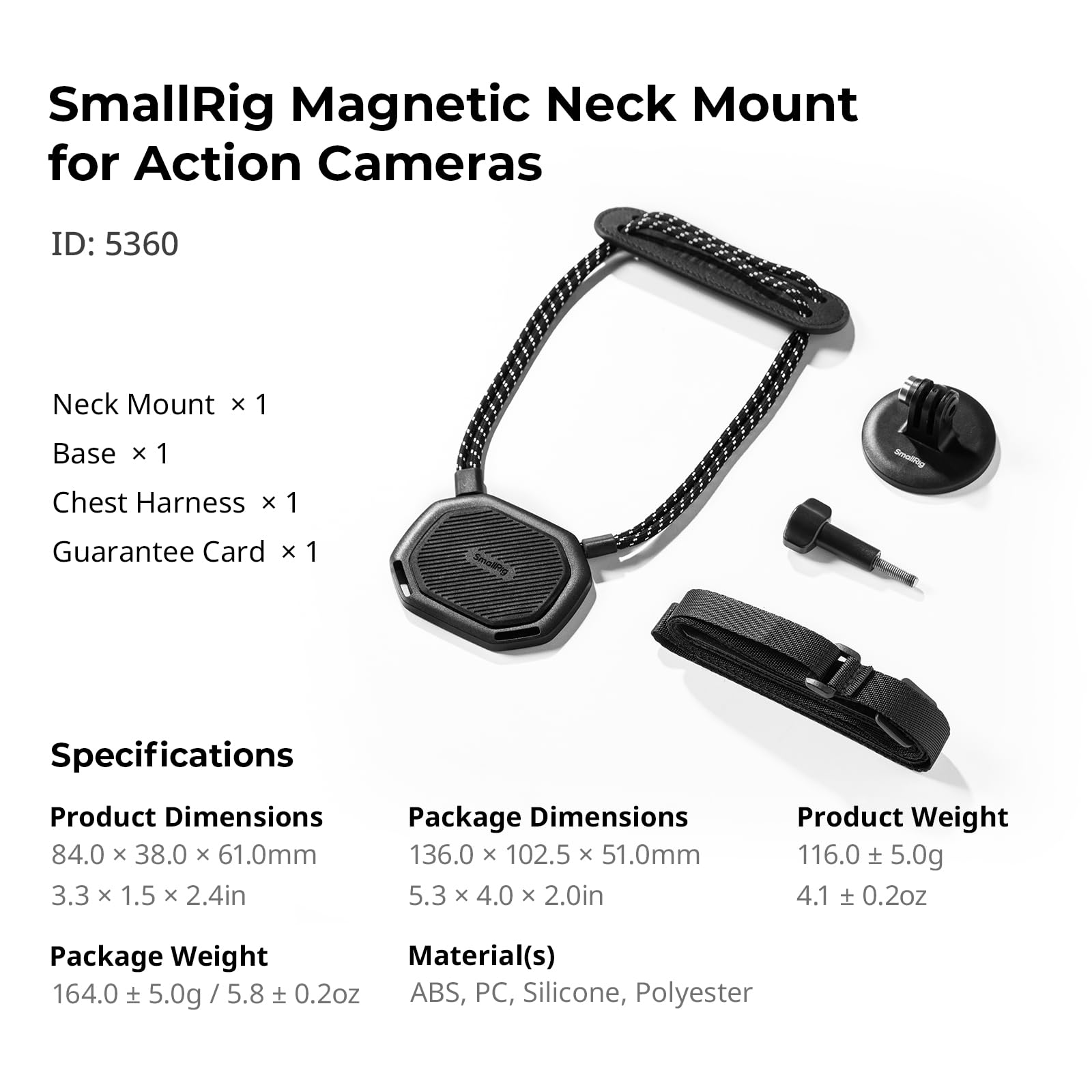 SMALLRIG Supporto magnetico da collo per action cam, supporto da collo a sgancio rapido per GoPro Hero 13/12/11/10/9, per DJI Osmo Action 5 pro/4/3, per Insta360 Ace Pro 2 - 5360