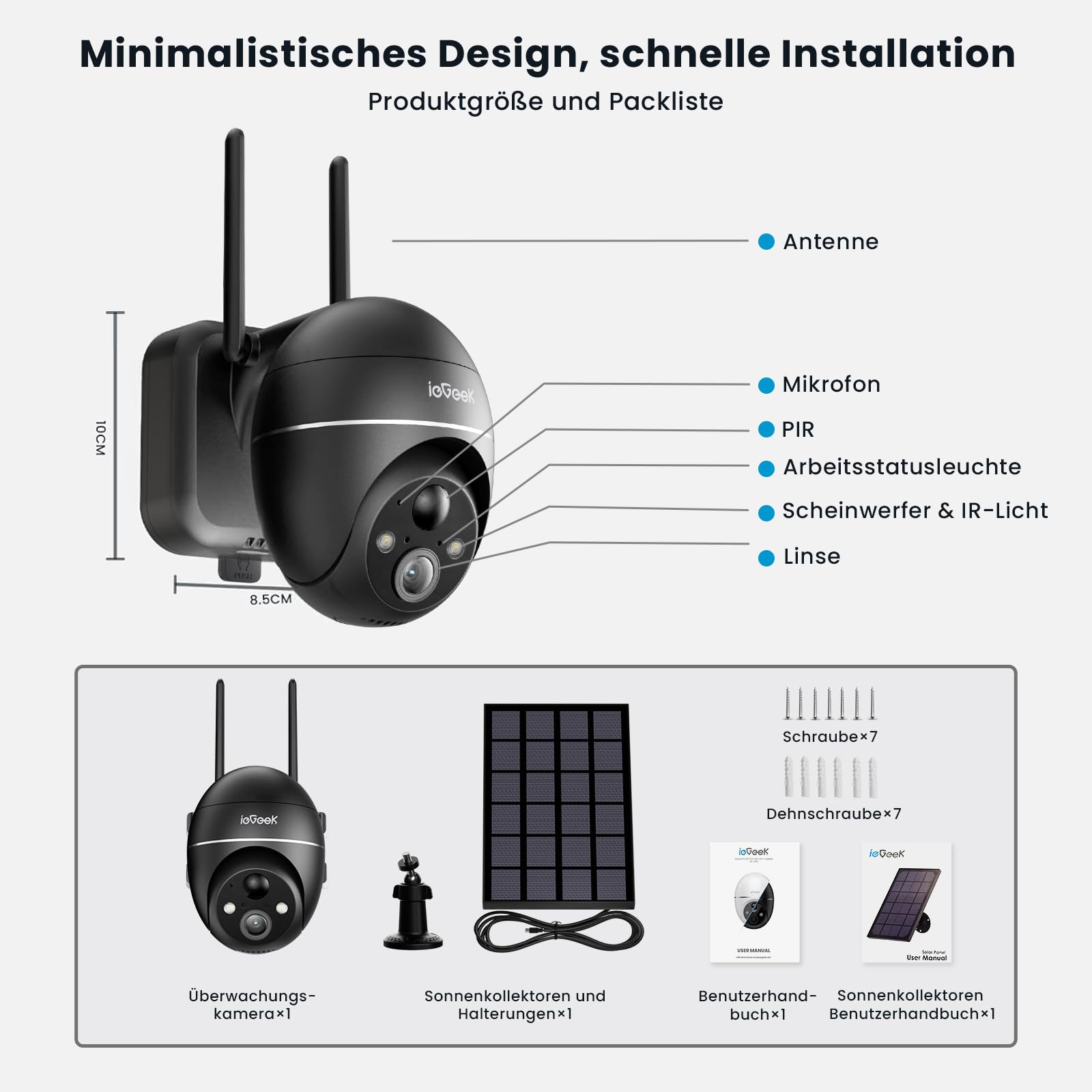 ieGeek 5MP Überwachungskamera Aussen Akku, PTZ Überwachungskamera Aussen WLAN mit Solarpanel,PIR-Bewegungsmelder, 30M Farbige Nachtsicht, Zwei-Wege-Audio, 2.4GHZ WiFi, 4DBi WLAN-Antenne,Alexa Kamera | 30m Farbnachtsicht, PIR-Bewegungsmelder, Zwei-Wege-Aud