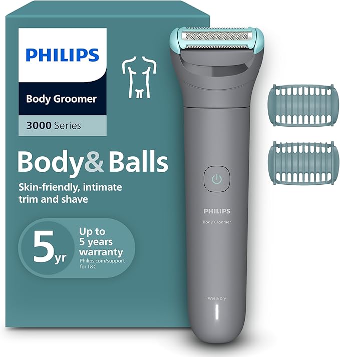 Philips Bodygroom série 3000 - Tondeuse pour hommes avec Triple protection, taille des poils et rasage des zones intimes, rasage de près qui respecte la peau, 100% étanche, autonomie 80 min, BG3480/15