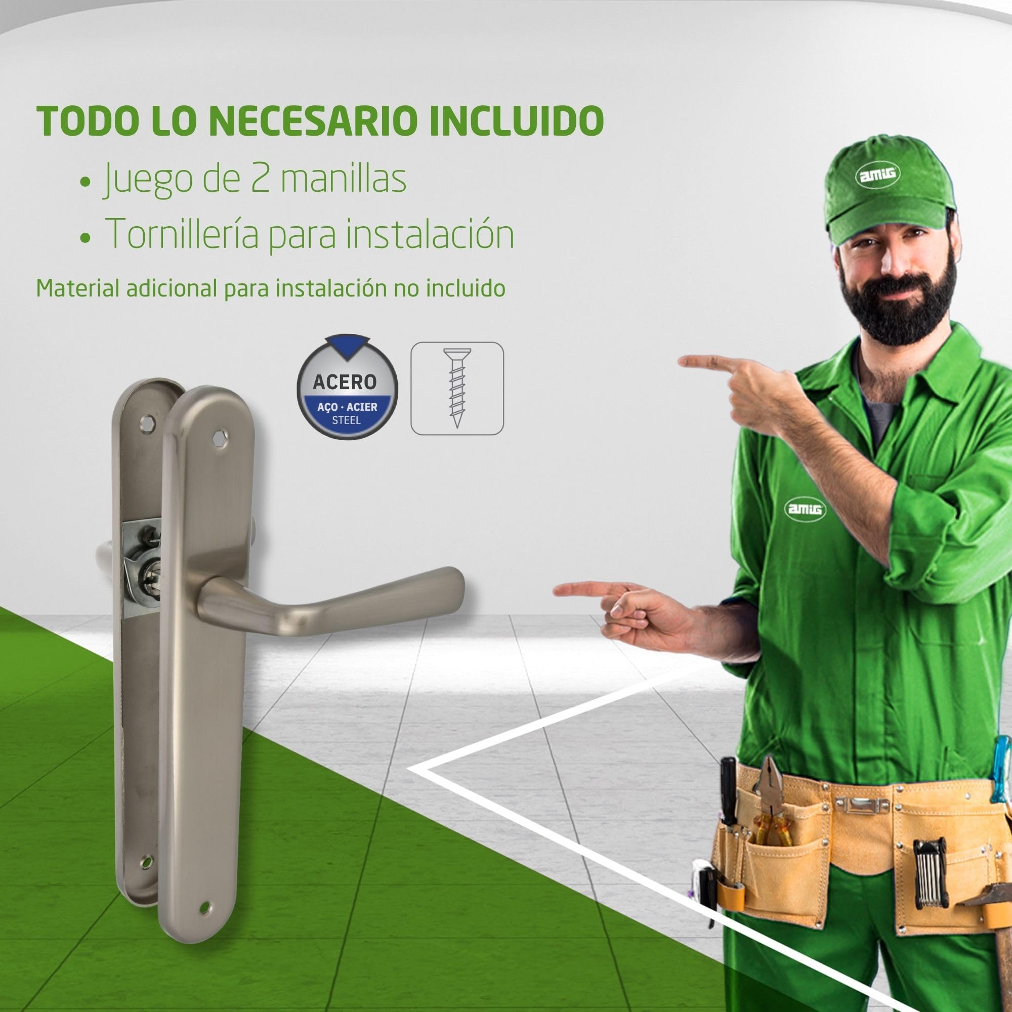 Amig - Juego de Manillas de Placa de Latón, Modelo 252P, Medida: 250 X 40 mm, Cuadradillo de 8 mm, Incluye tornillería, Acabado: Cromado mate