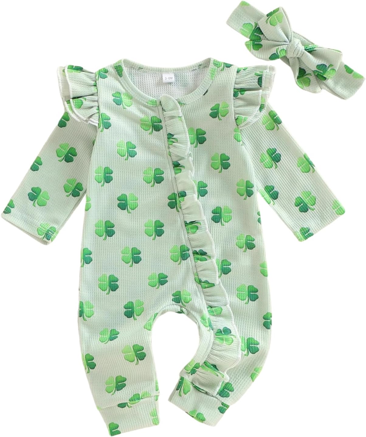 Newborn Baby Girl St Patricks Day Outfit Ruffle Four Leaf Clover Romper Waffle Zipper Jumpsuit Headband