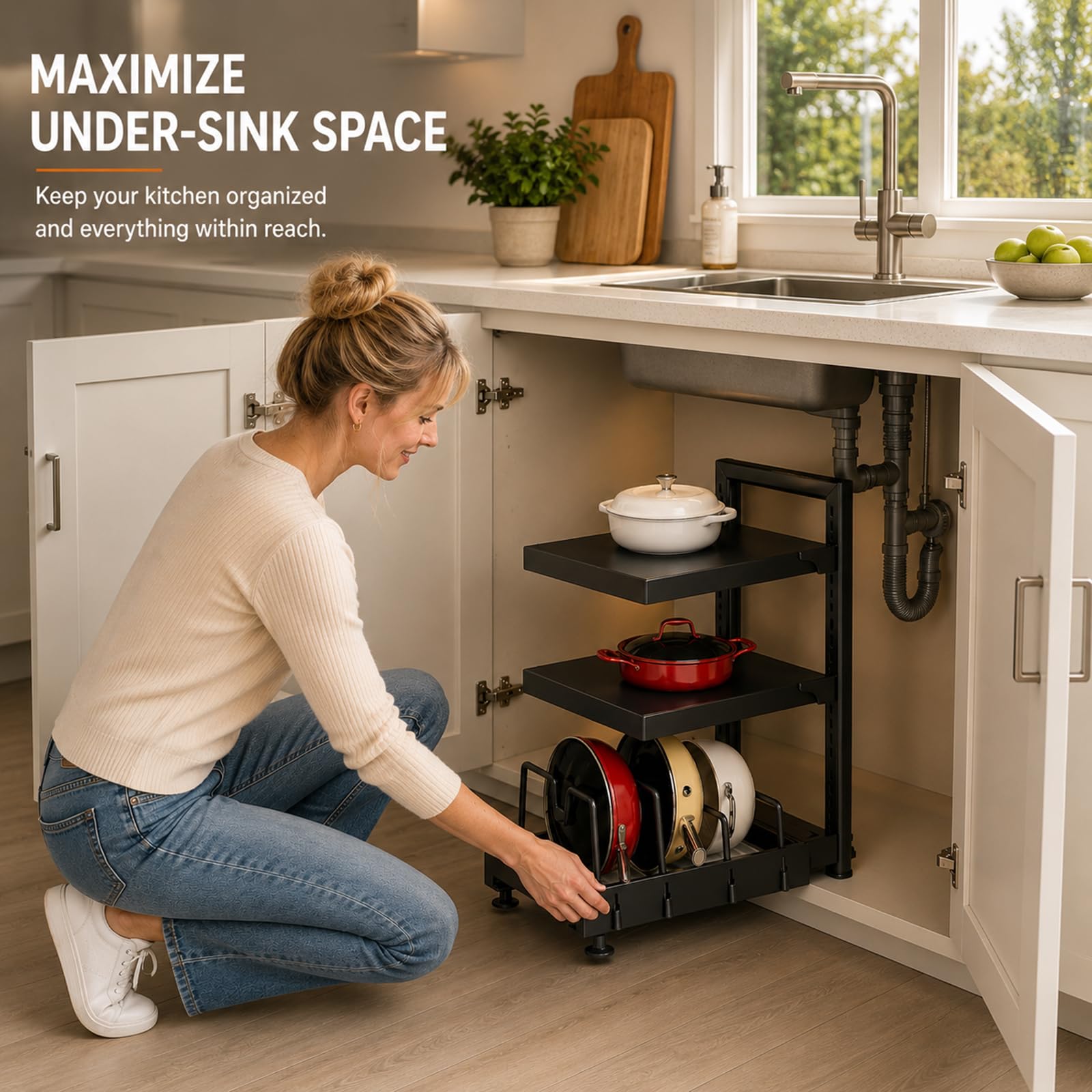 Organizador Bajo Lavabo Ajustable, Estante de Almacenamiento con Alta Capacidad de Carga y Diseño Resistente para Cocina y Baño White S