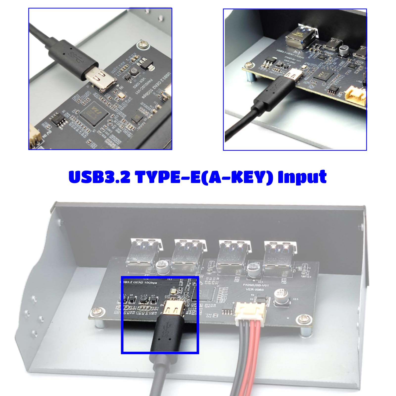 USB 3.2 Front Panel Hub, 4 Ports 10Gbps USB3.2 GEN2, USB3.2 Type E A KEY Input, VIL VL822 Q7 Main Control, For 5.25inch Internal Optical Drive, For 7/8/10/2003 OS X Linux Laptop