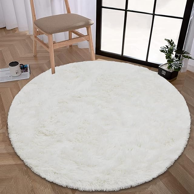 Enyhom Round Soft Area Rug Fluffy Shaggy Circular Plush Room Carpet High Pile Velvet Washable Floor Rug Silky Smooth Bedside Rug for Living Room College Dorm Home Decor Floor Mat, 120cm Cream