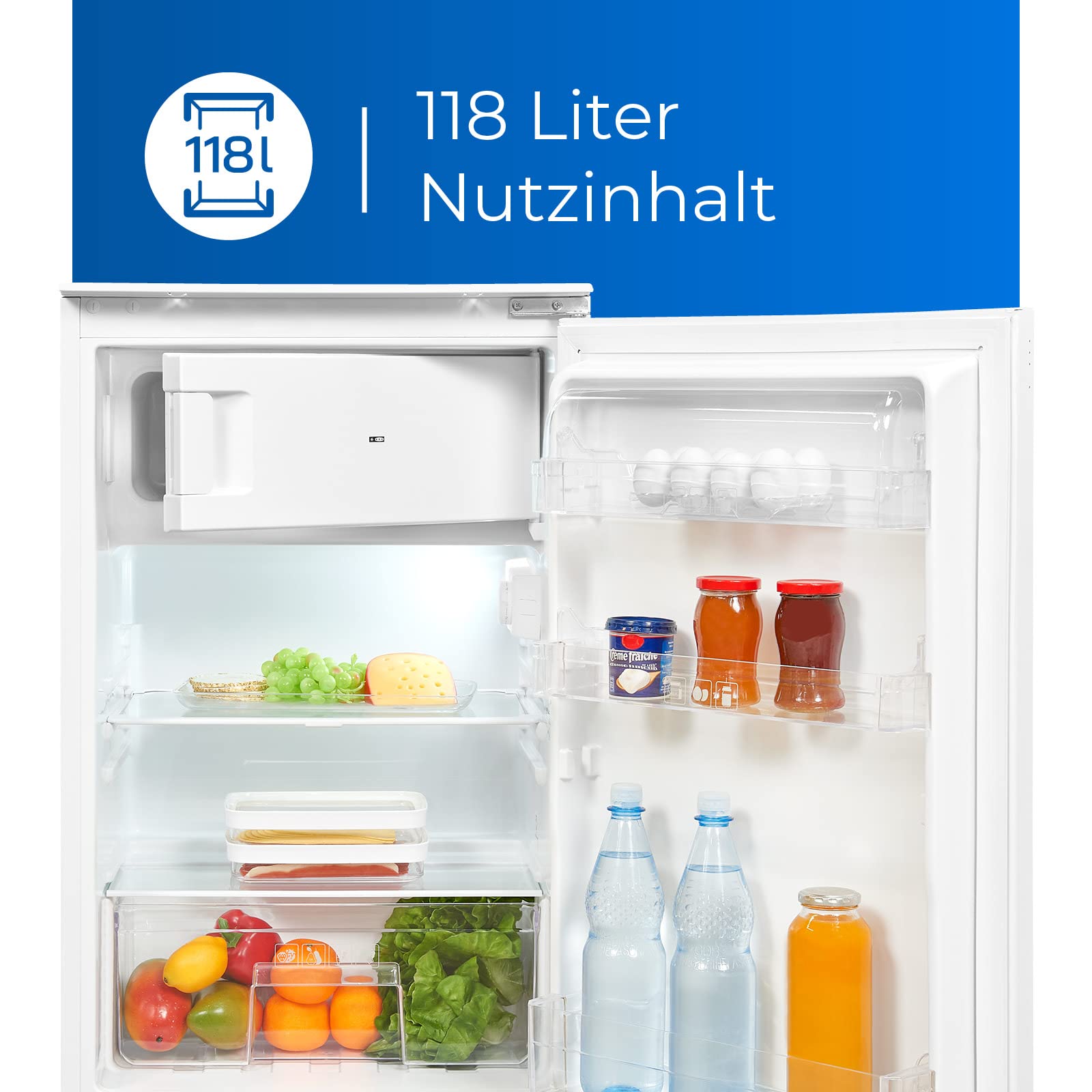 Exquisit EKS131-4-E-040E Einbaukühlschrank, Nischenhöhe 88 cm, 54 cm breit, 118L, Schlepptürmontage, große Gemüseschublade, LED Beleuchtung, Eierablagen