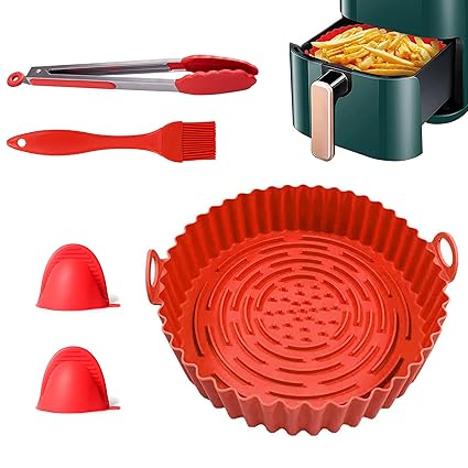 Prhavks 8Inch Air Fryer Silicone Pot, 5Pcs Airfryer Accessories Set Silicone Liners with Food Clip Oven Gloves Oil Brush Heat Resistant Reusable Deep Fryer Oven Bowl for 3-5 QT Air Fryer Basket (Red)