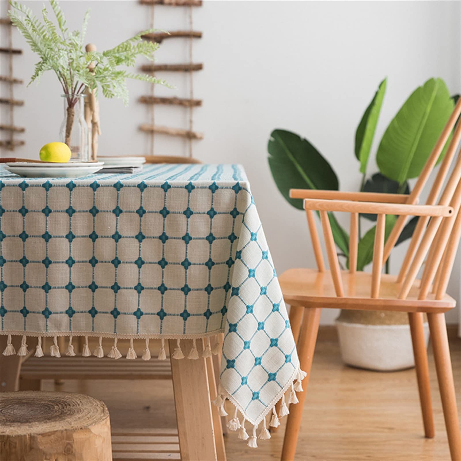 Japan Style Cotton Linen Obrus ​​Niebieskie Paski Chusta Haftowane Prostokątny Stół Obrus ​​Dekoracje Kuchenne Domu Tabeli Pokrywy(Light Blue,110x110cm)