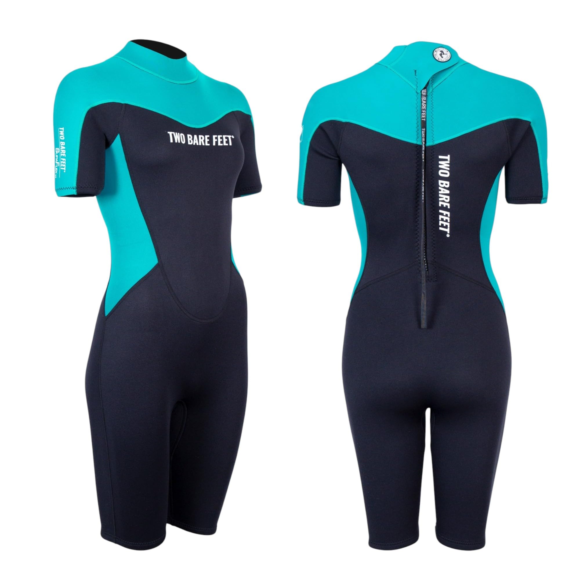 Two Bare Feet Womens Shorty Wetsuit 3/2mm Superstrech Neoprene Summer Ladies Surf Suit, Back Zip – Surfing, Paddleboarding, Open Water & Wild Swimming (XL, Black/Teal)