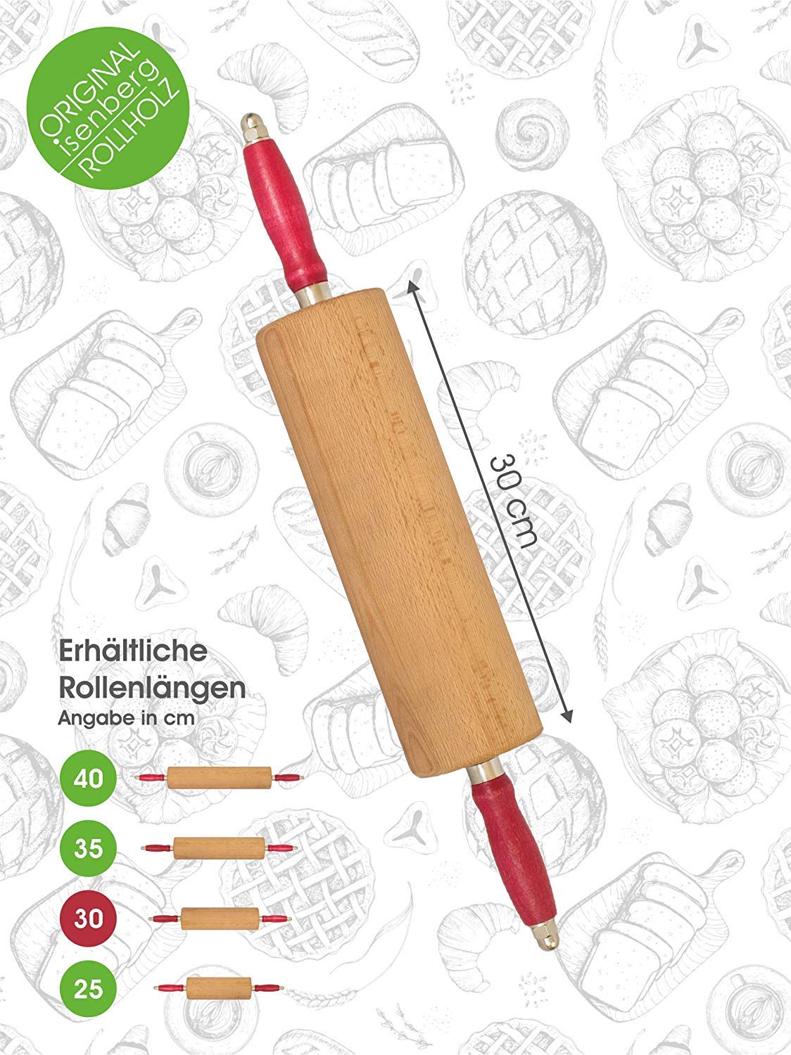 Teigroller Rollholz Wellholz mit Edelstahlkugellager Buche Walzenlängen 30 cm Isenberg