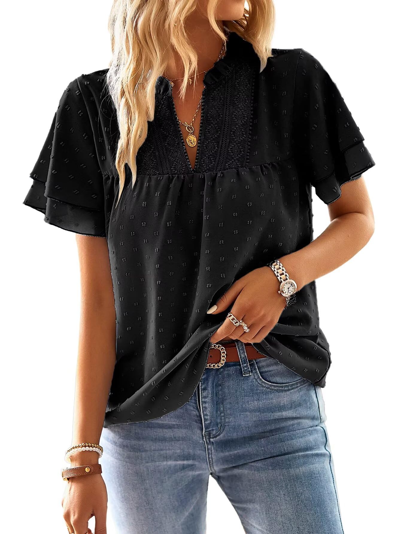 TUUHAW T Shirt Donna Elegante Manica Corta Magliette con Scollo a V Estiva Boho Camicia Casual Volant Abbigliamento Pizzo Top