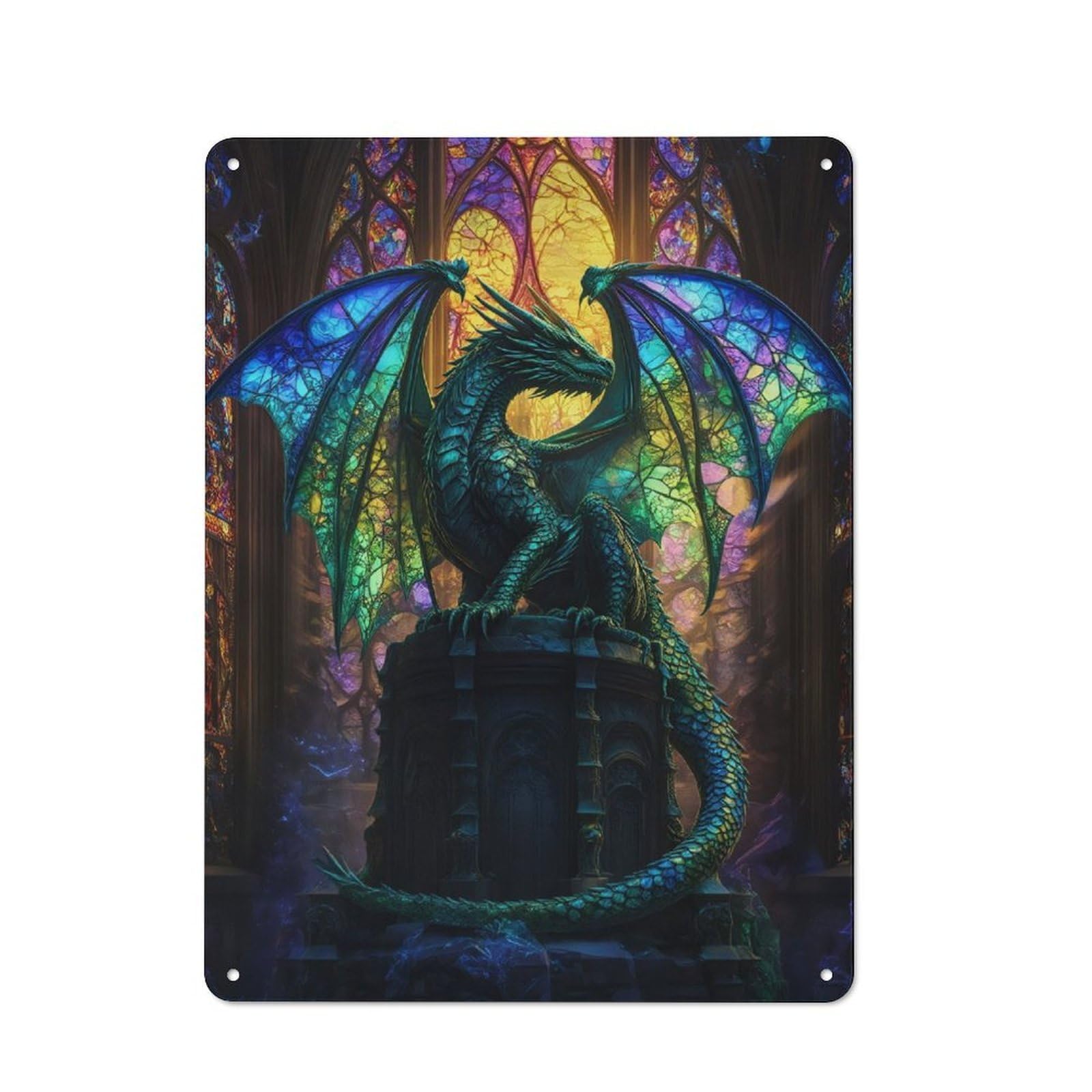 Vintage Tin Sign with Mystic Dragons Cathedral Design 40x30cm, Nostalgic Nostalgic Wall Art for Living Room, Hallway, Kitchen Or Cafe