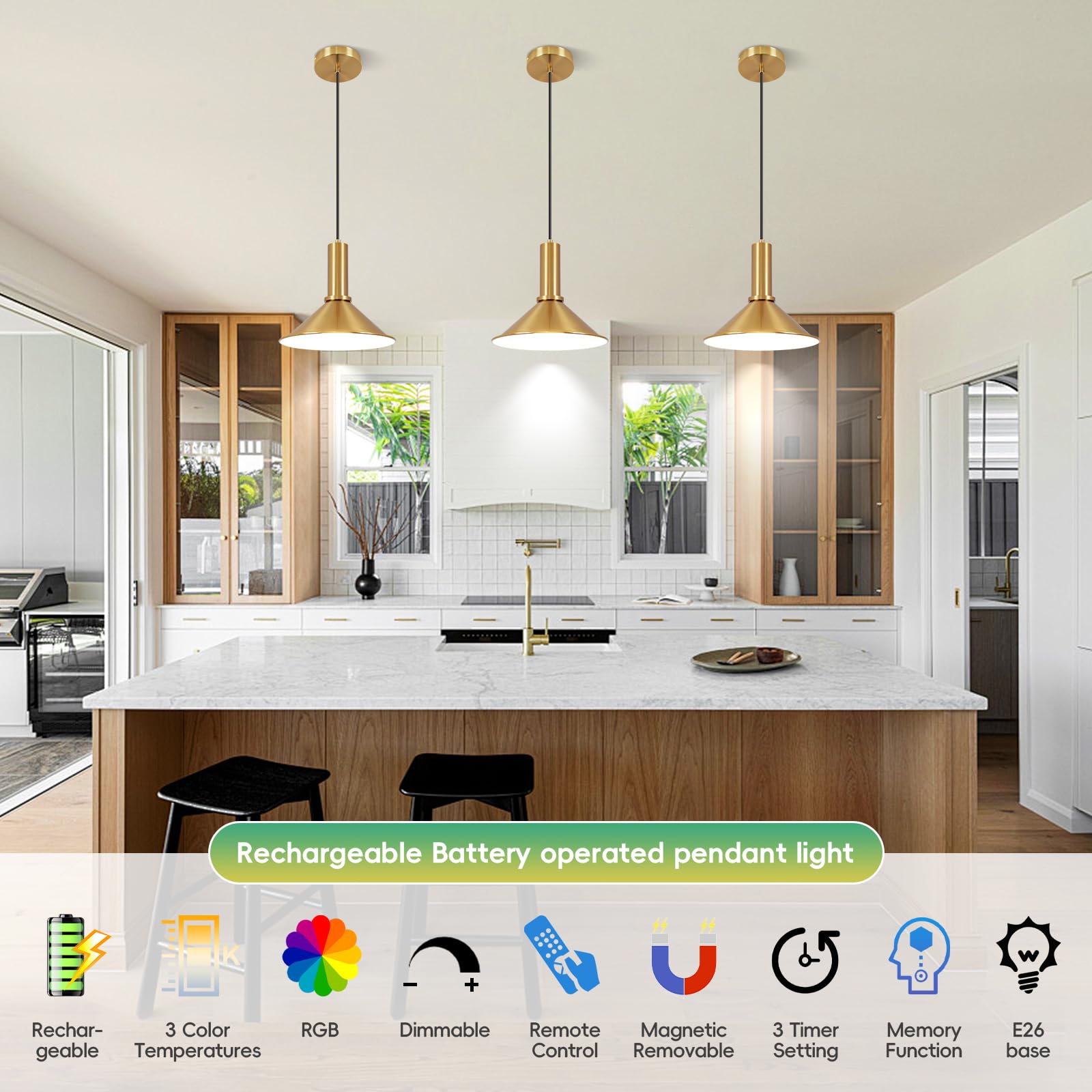 Iluminación Cocina Sin Cables Lámparas Colgantes Industriales Con Batería (2 Unidades) - Sin Cableado, Mando A Distancia, RGB, Para Isla De Cocina Lampara Recargable Mando A Distancia