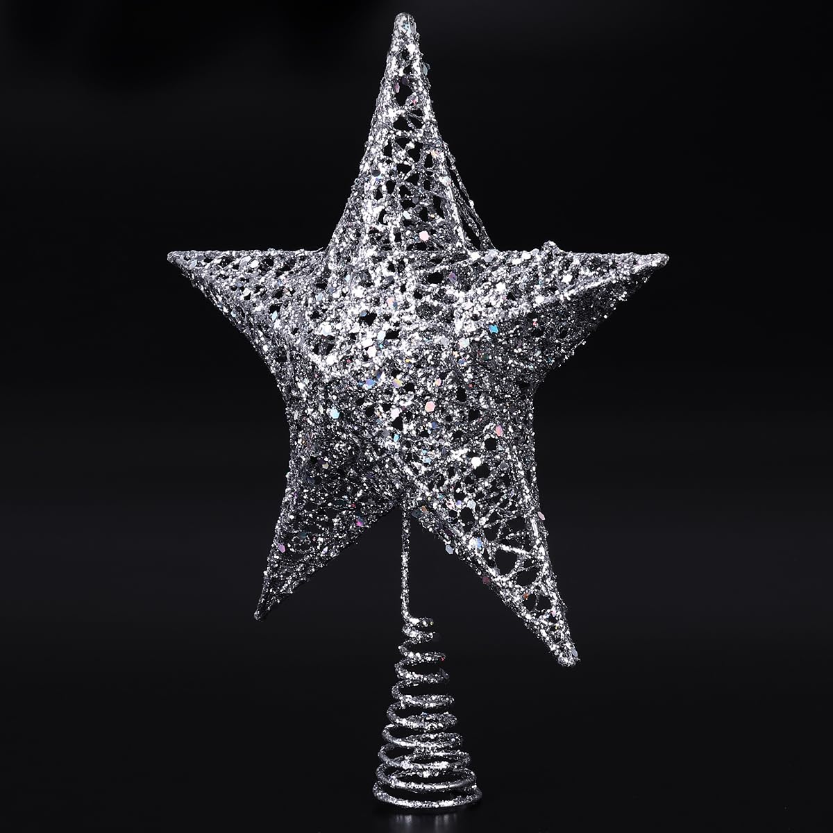 NICEXMAS Puntale Per Albero Di Natale A Stella 20 Cm - Decorazione Luccicante A 5 Punte, Colore Argento, Compatibile Con La Maggior Parte Degli Alberi