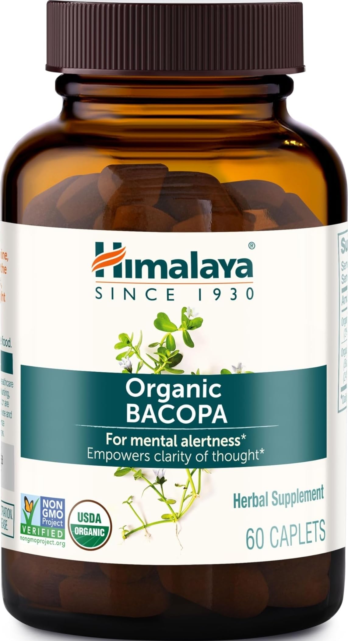 Himalaya USDA Organic Bacopa Monnieri Supplement,750 mg,60 Caplets | For Mental Alertness, Supports Calm, Memory & Cognition, Nootropic Herbal Supplement, Bacopa Extract Brahmi - Non-GMO, Vegan 60 Count (Pack of 1)