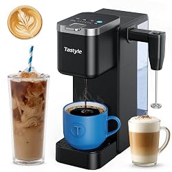 Tastyle Single Serve Coffee Maker with Built-in Detachable Milk Frother, Iced and Hot Coffee Machine for K Cup & Grounds, 40oz Removable Water Reservoir, 6 Cup Sizes, Fits 7.3" Travel Mug, Black