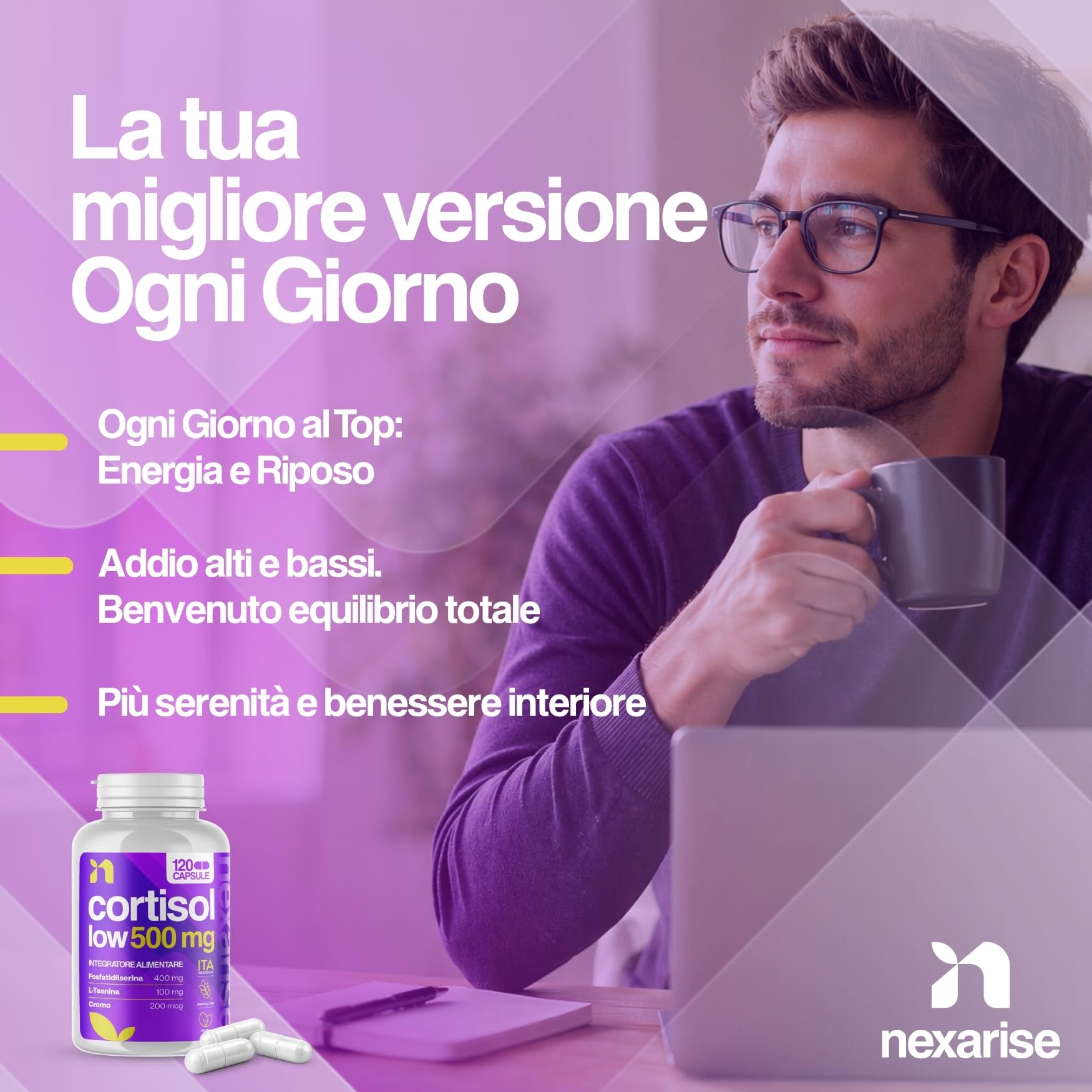 Cortisol Low 500mg | 120Cps con Fosfatidilserina 400 mg, L-Teanina e Cromo Picolinato | Supporto naturale per Abbassare il Cortisolo e Benessere Mentale | 4 Mesi di fornitura | Prodotto in Italia