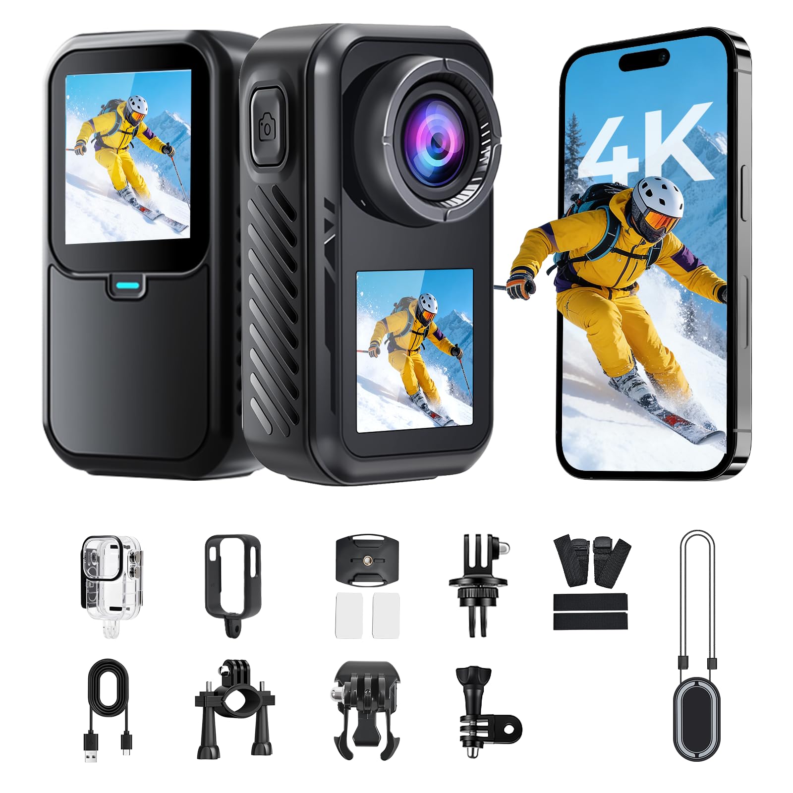AIKER Action Cam 4K/5K WiFi NEU Upgraded, Bodycam mit 30M wasserdichte/EIS/180 Min Akkulaufzeit/Dual-Screen-Display/Helmkamera 150° Action Kamera für Fahrrad, Schnorcheln, Motorrad,Wandern & Vloggen