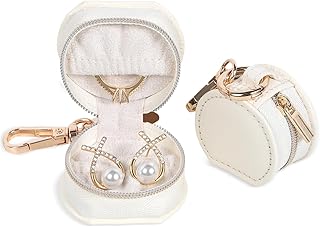 Hatori Jewelry Ring Holder Box with Keychain, Portable Gym Jewelry Storage Box Case, Small Travel Ring Earring Stud Necklace Storage Case (White)