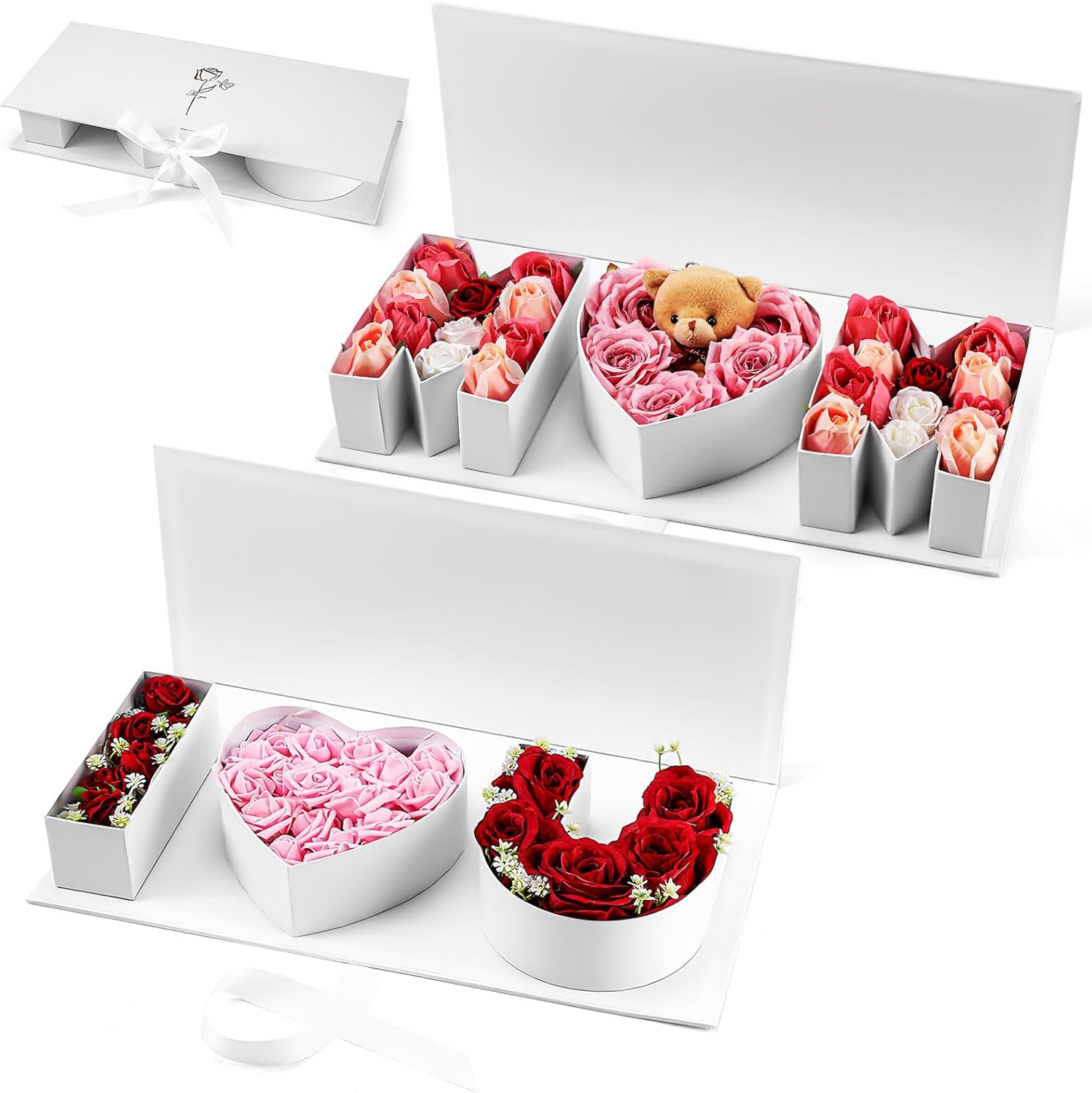 Gilprop 2 Pack Mothers Day Empty Gift Box Set I Love You and MOM Letter Shaped Fillable Flower Boxes Premium Cardboard Packaging for Chocolate, Candy, DIY Birthday Gifts(White)