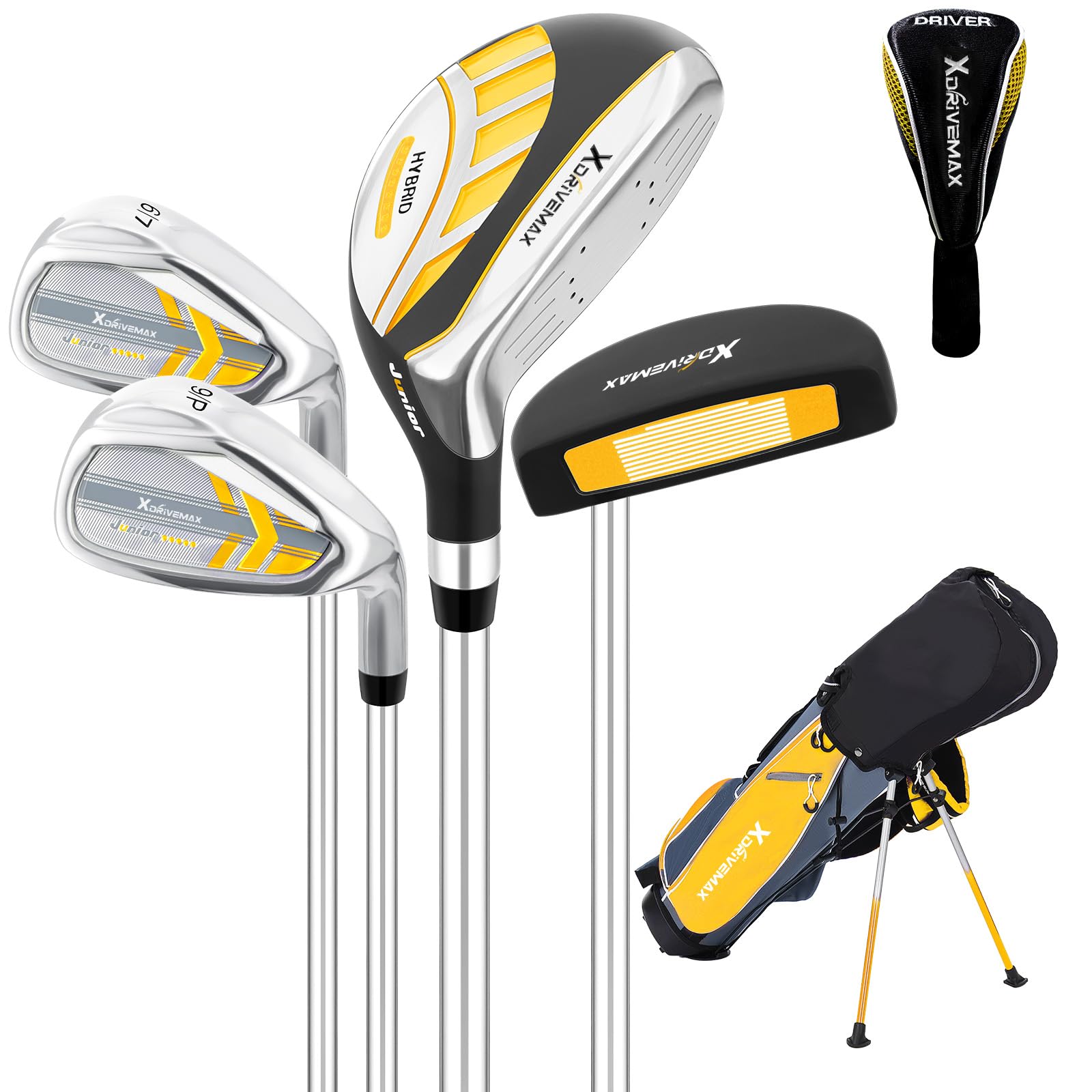 XDriveMax Lot de 5/6 clubs de golf pour enfants de 4 à 12 ans avec sac de support, entraînement 1#, hybride 5#, 6/7#, 9/P# et putter droitier pour garçons et filles