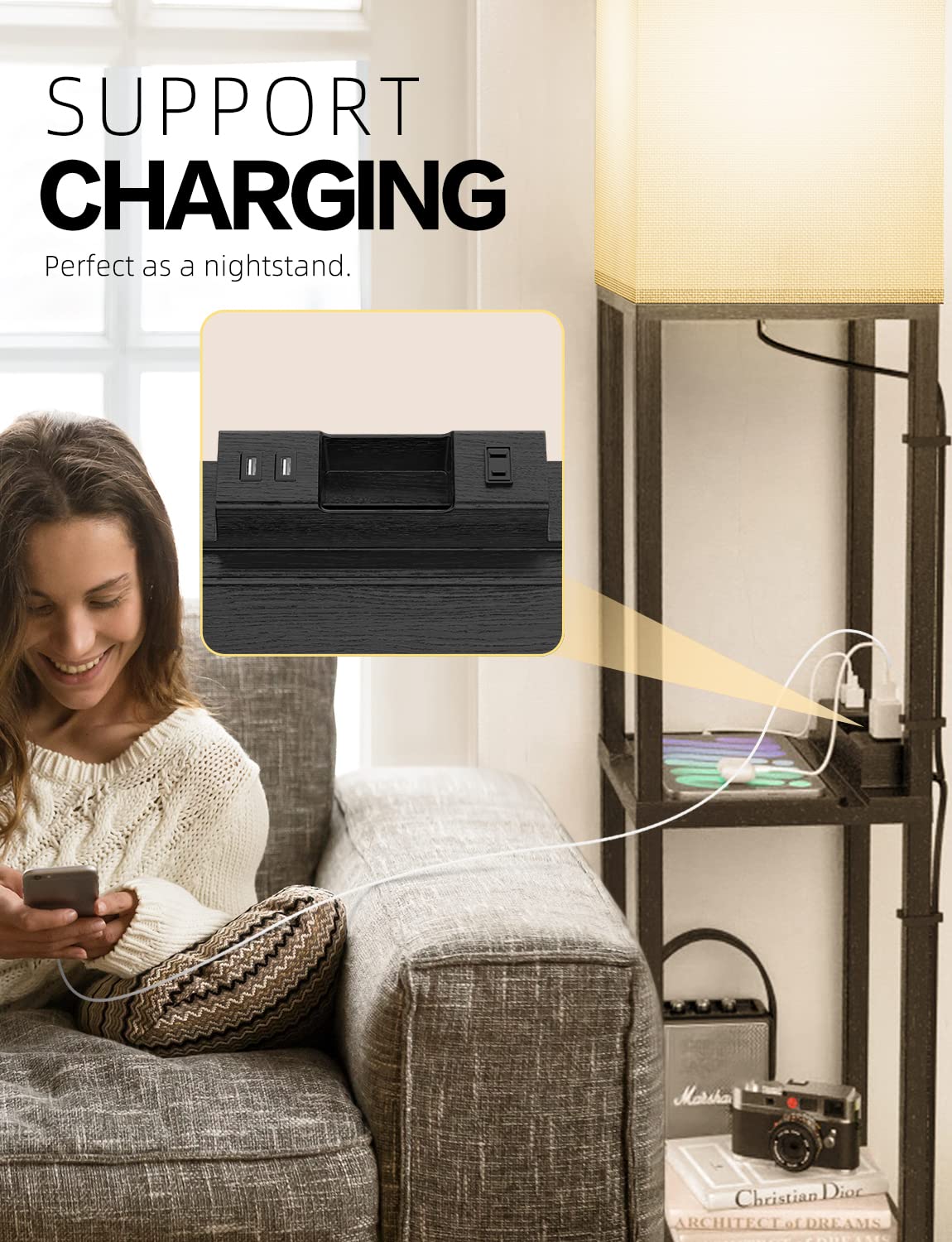 Maxsure Floor Lamp Dimmable with Touch Control, 2 USB Ports and 1 Power Outlet, Wood Standing Lamps with 11w Led Bulb, 3-Tiered LED Shelf Floor Lamps for Living Room, Bedroom(Black)