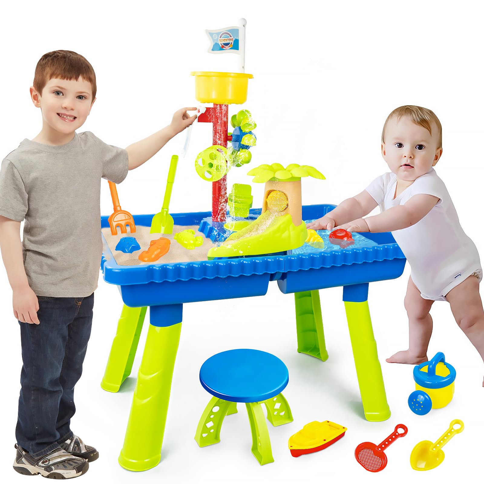 KalaDuck Mesa de Arena y Agua para Niños, 2 en 1 Mesa de Juego Agua con Juguetes de Playa y Silla, Mesa Actividades de Jardín Arenero Exterior Juguete de Verano para Niños Niñas