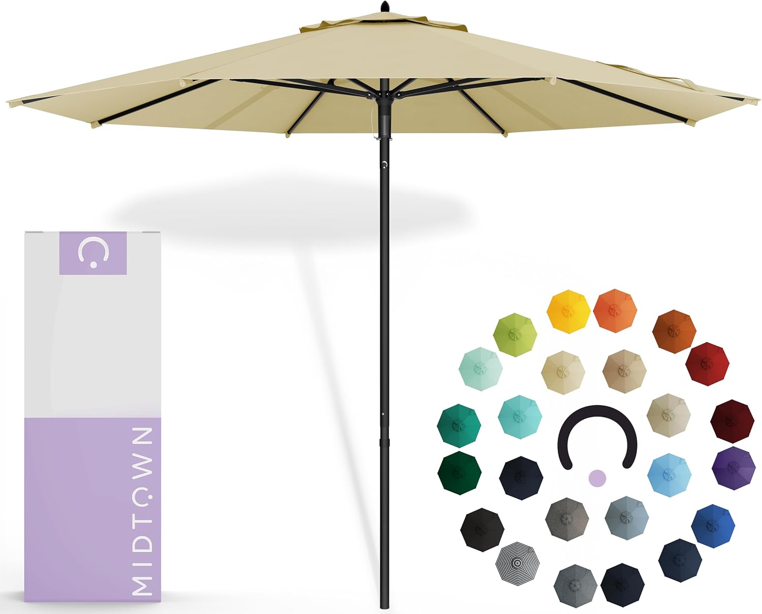 Midtown Umbrellas Push & Pop 9 Ft Patio Umbrellas with Push & Pop Mechanism, Fiberglass Ribs & Sunbrella Fabric – Outdoor Umbrella for Deck, Pool, Cafés and Hotels – Antique Beige Canopy, Black Pole