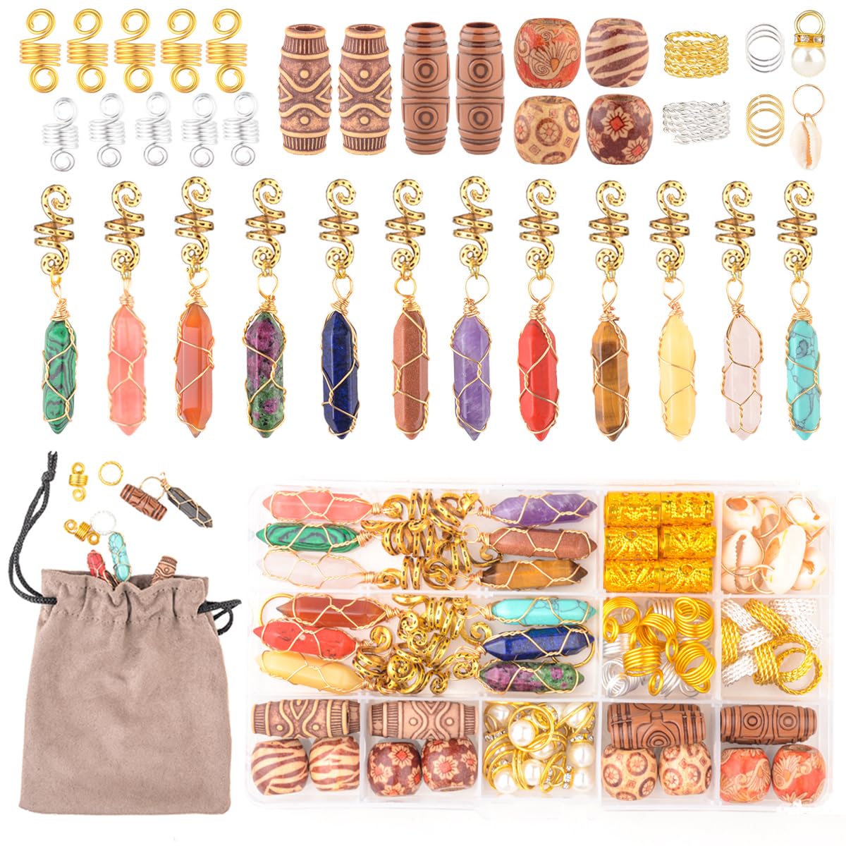 Modpion Hair Jewelry Crystal Dreadlock Accessories,Natura Stone for Hair Braids Charm Coils Rings Hair Cuffs Shells Imitation Hair Decoration