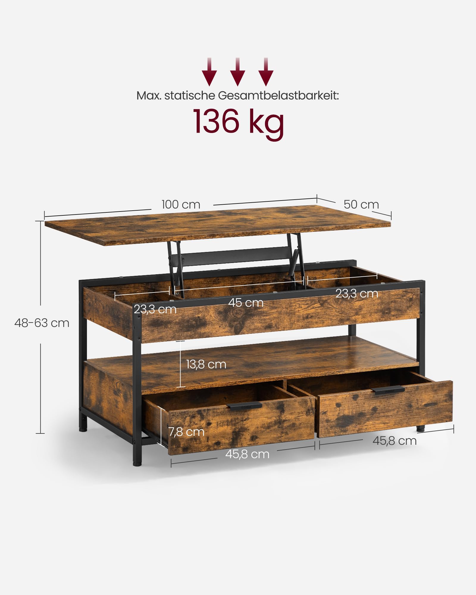 VASAGLE Couchtisch höhenverstellbarer Wohnzimmertisch mit Schubladen 50 x 100 cm vintagebraun-tintenschwarz