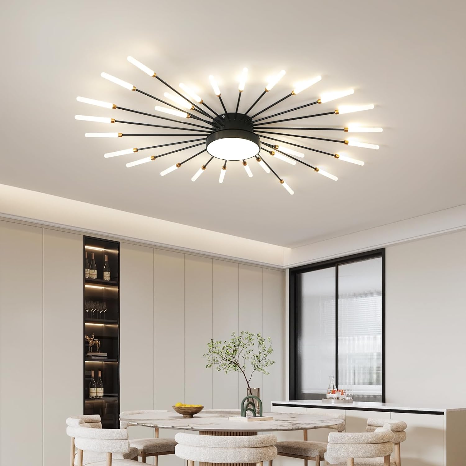 ziidoo Modern Ceiling Light, 28+1 Lights Metal Firework Designed Chic Led Lighting Fixture for Farmhouse Kitchen Dining Room Bedroom Hallway Living Room (Black)