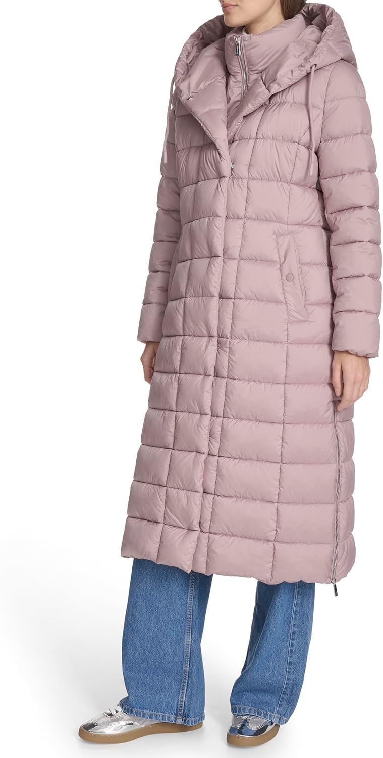 Kenneth Cole womens Channel Quilted Long Puffer With Inner Bib & Attached Hood, Side Vent Details - Image 3