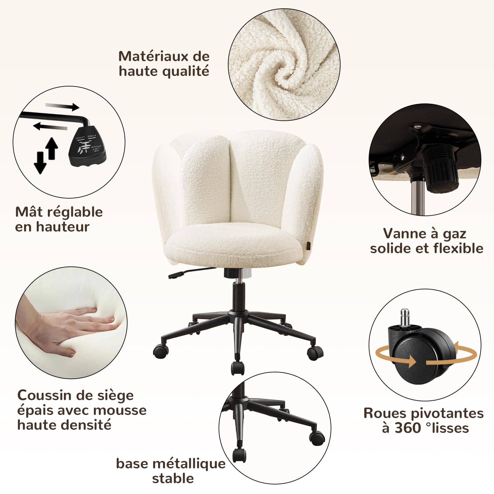 Fauteuil de Bureau, Chaise de Coiffeuse, Chaise Bureau Réglable en Hauteur avec Dossier Inclinable Pivotante à 360°, Fauteuil Coquillage Design Fleur en Bouclé pour Salon Chambre, Blanc