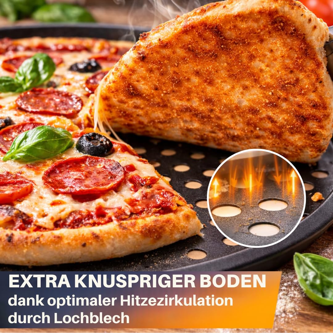 Lot de 4 plaques à pizza Ø 32 cm - Plaque ronde perforée pour pizza et tarte flambée en acier - Revêtement antiadhésif - Résistant à la chaleur jusqu'à 250° - Anthracite