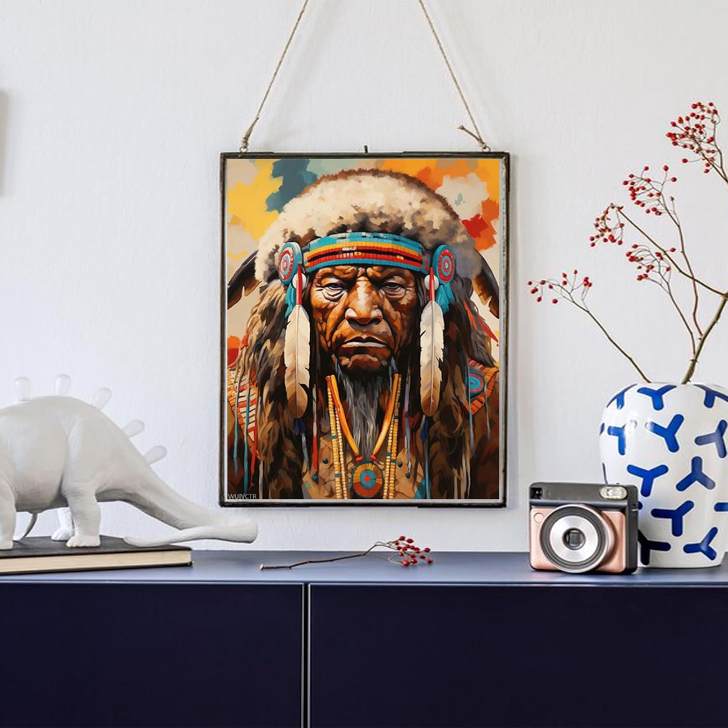 WUIVCTR DIY Paint by Numbers for Adults Linen Canvas Acrylic Stress Less Number Painting Gifts Room Home Decoration, Indian Wild Buffalo Tribe Chief, 40x50cm, Without Frame