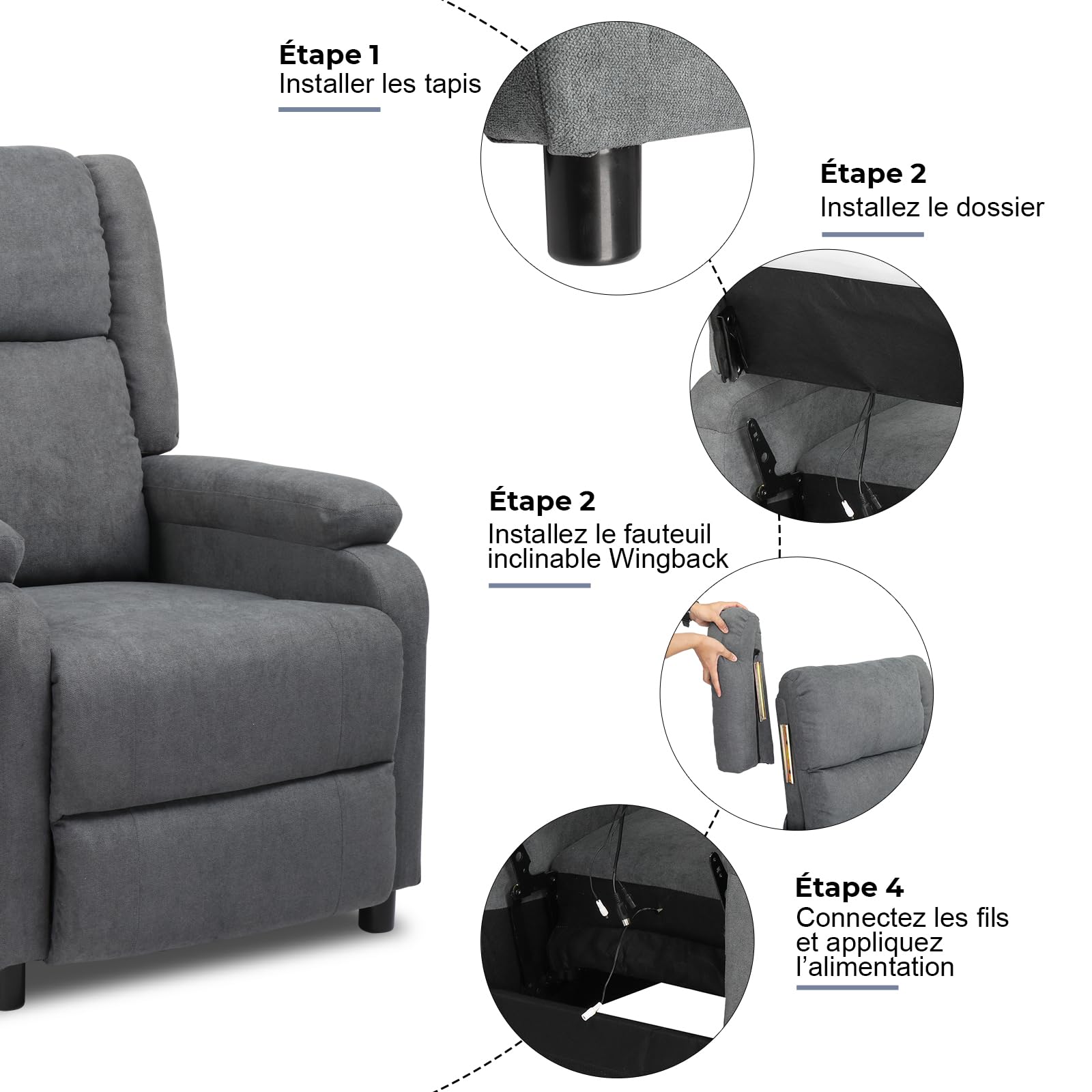 LEADZM Fauteuil Inclinable, Massage Électrique et Chauffage, Fauteuil Inclinable avec Dossier Basculant à Commande Humaine, Fauteuil TV pour Chambre à Coucher, Salon et Home Cinéma
