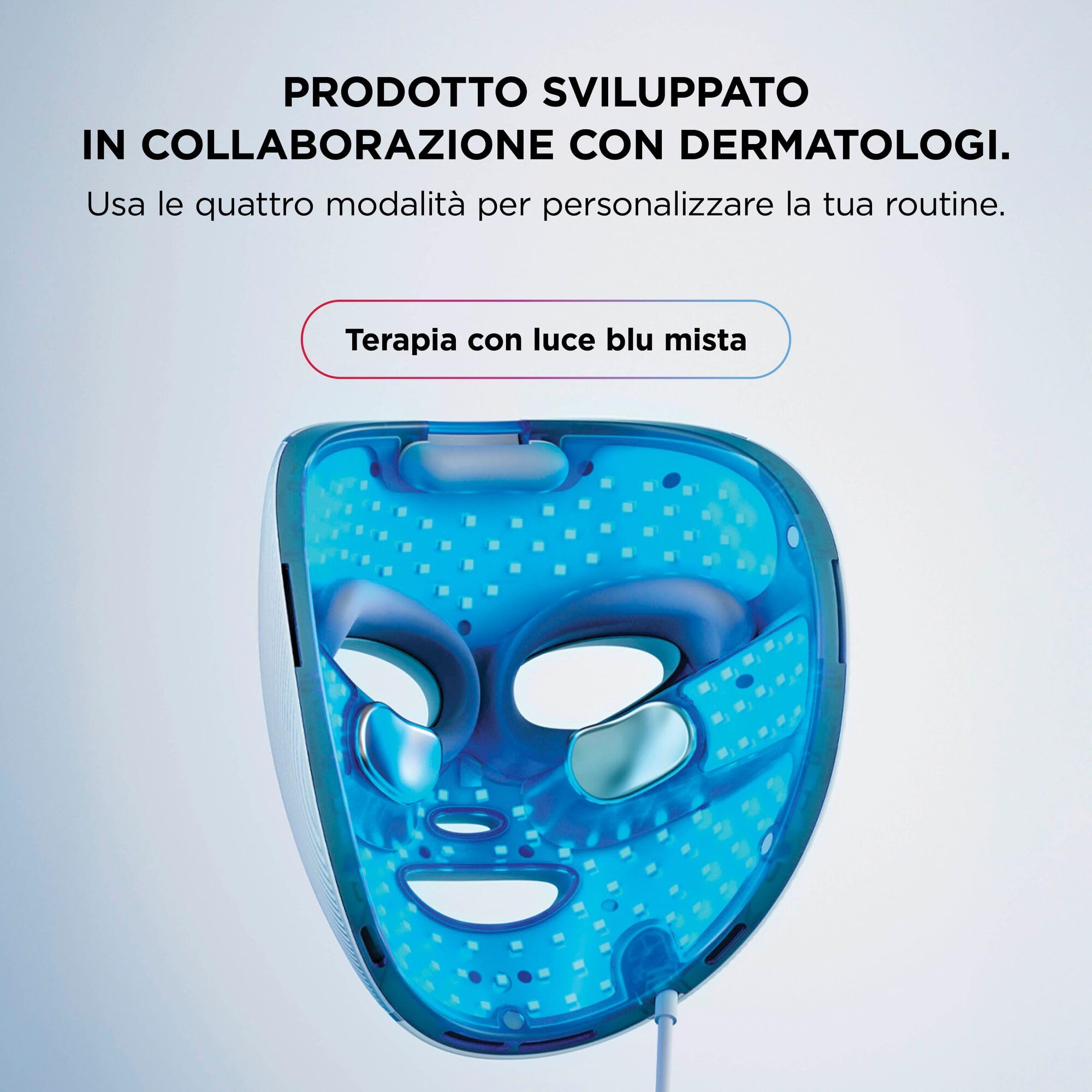 Maschera Shark CryoGlow con raffreddamento del contorno occhi, LED rossi e blu, terapia a luce infrarossa, USB-C, telecomando, custodia, fascette regolabili, Blu ghiaccio FW312EU