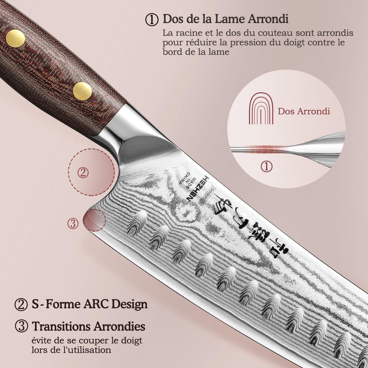 HEZHEN Damas Ensembles de Couteaux de Cuisine 5 Pièces，Set de Couteaux de Chef Professionnels en Acier Damas Couteau Santoku, Manche en Micarta
