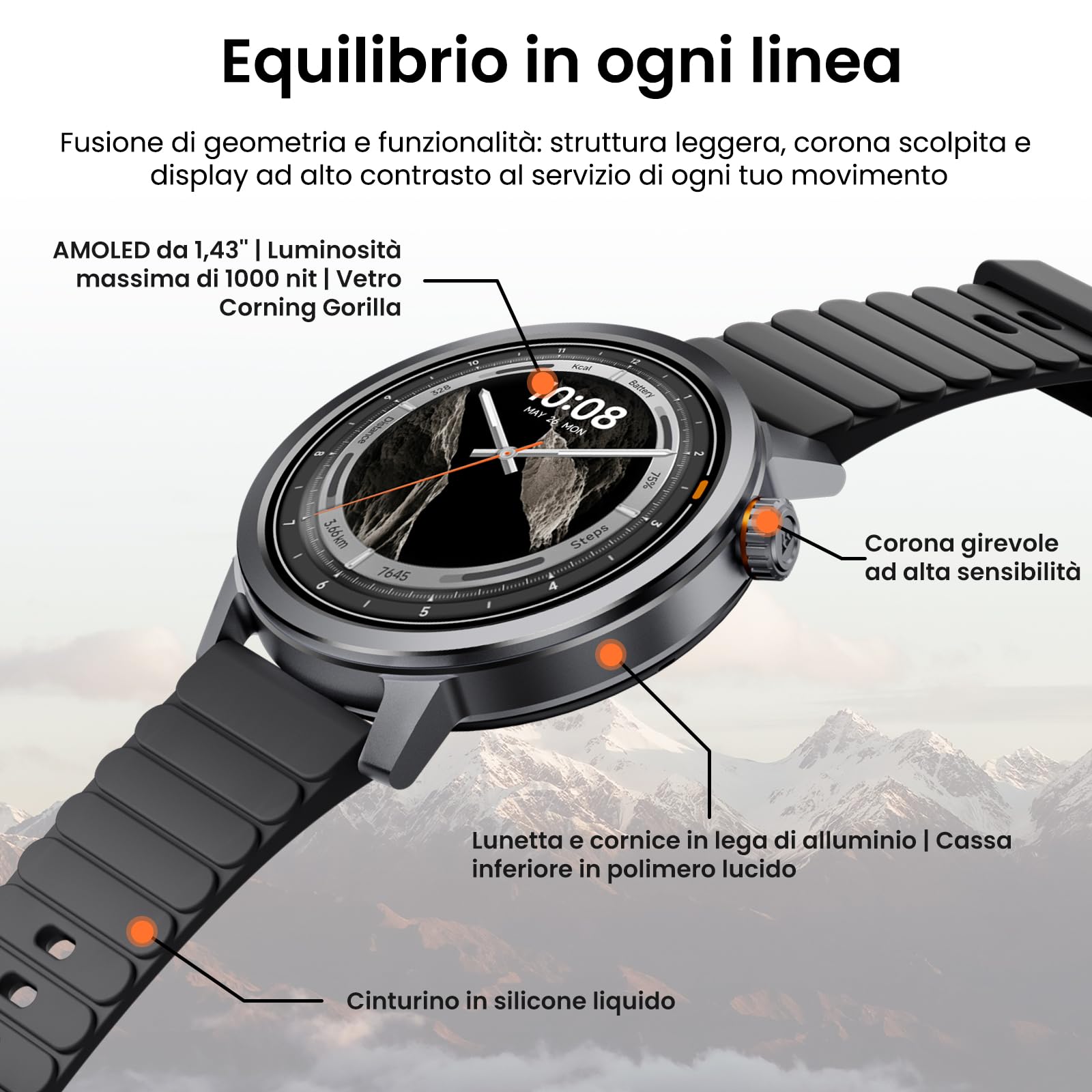KOSPET Smartwatch con Display AMOLED 1,43" e Chiamate Bluetooth, Autonomia 18 giorni, Monitoraggio Frequenza Cardiaca, SpO2 e Sonno, 170+ modalità Fitness, IP68 impermeabile, Compatibili Android e iOS