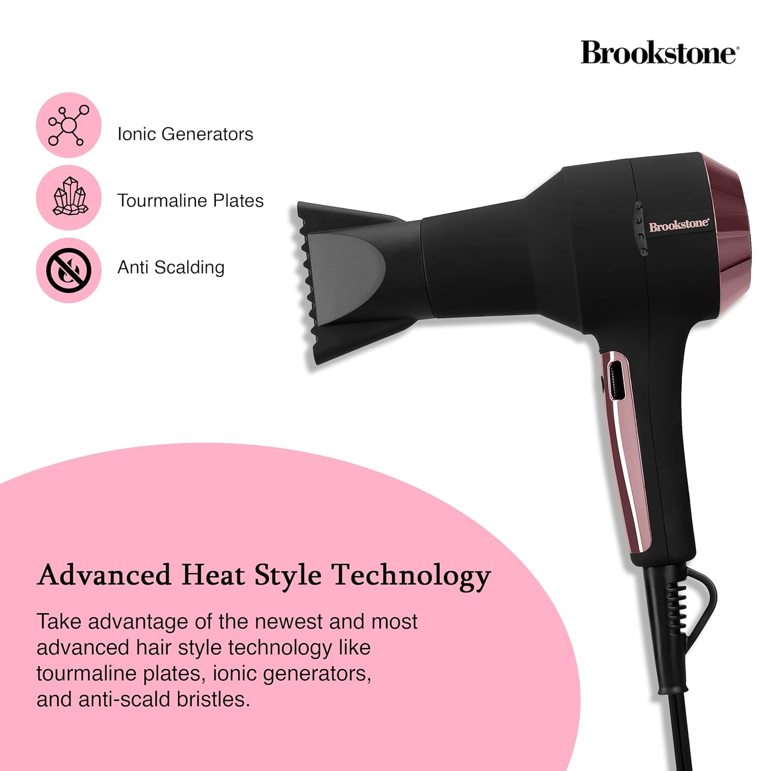 Hair dryer highlighting Ionic Generators, Tourmaline Plates, and Anti Scalding features