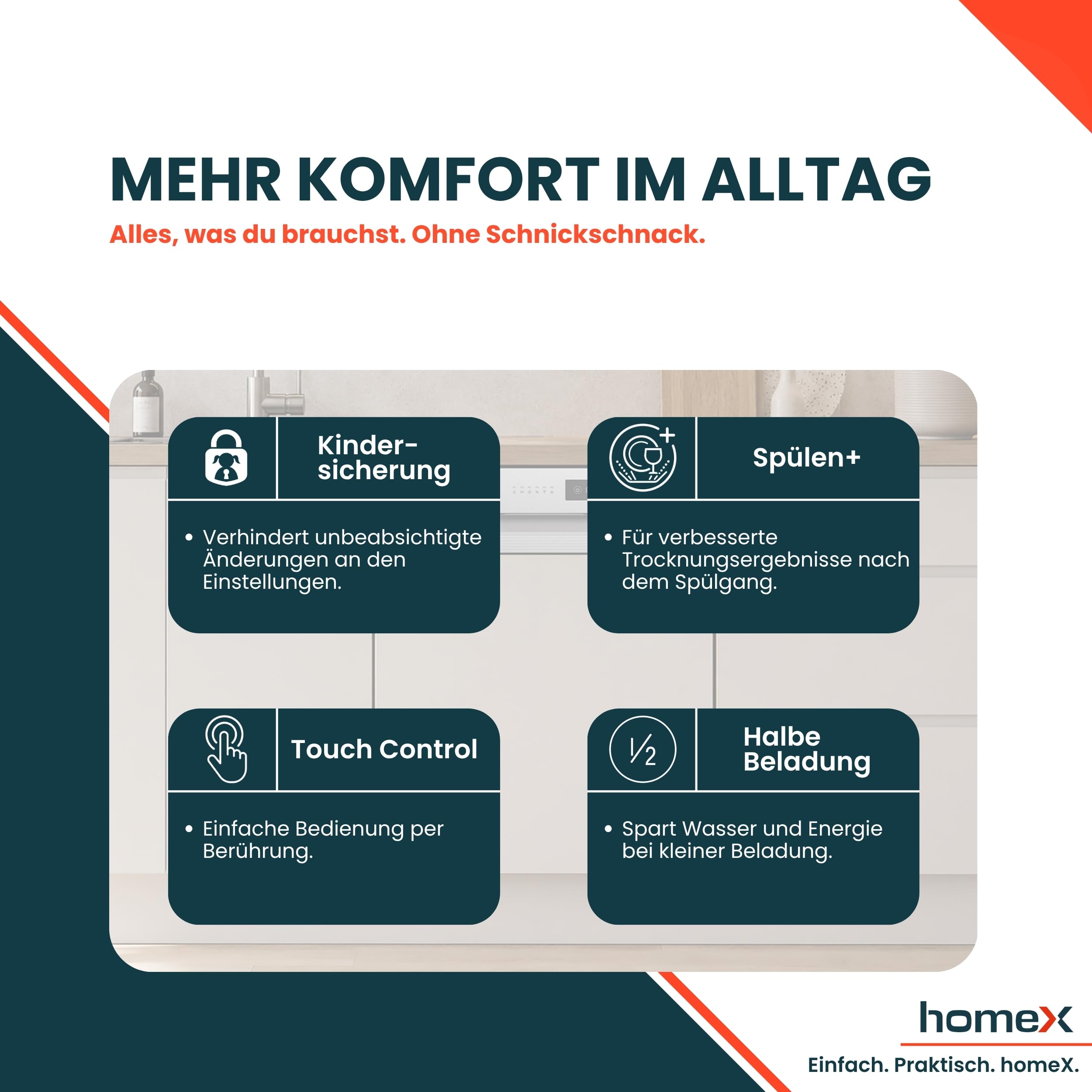 homeX DWSI601449E Geschirrspüler 60 cm teilintegrierbar 14 Maßgedecke 6 Programme AquaStop 49 dB Touch Control Einbaugeschirrspüler