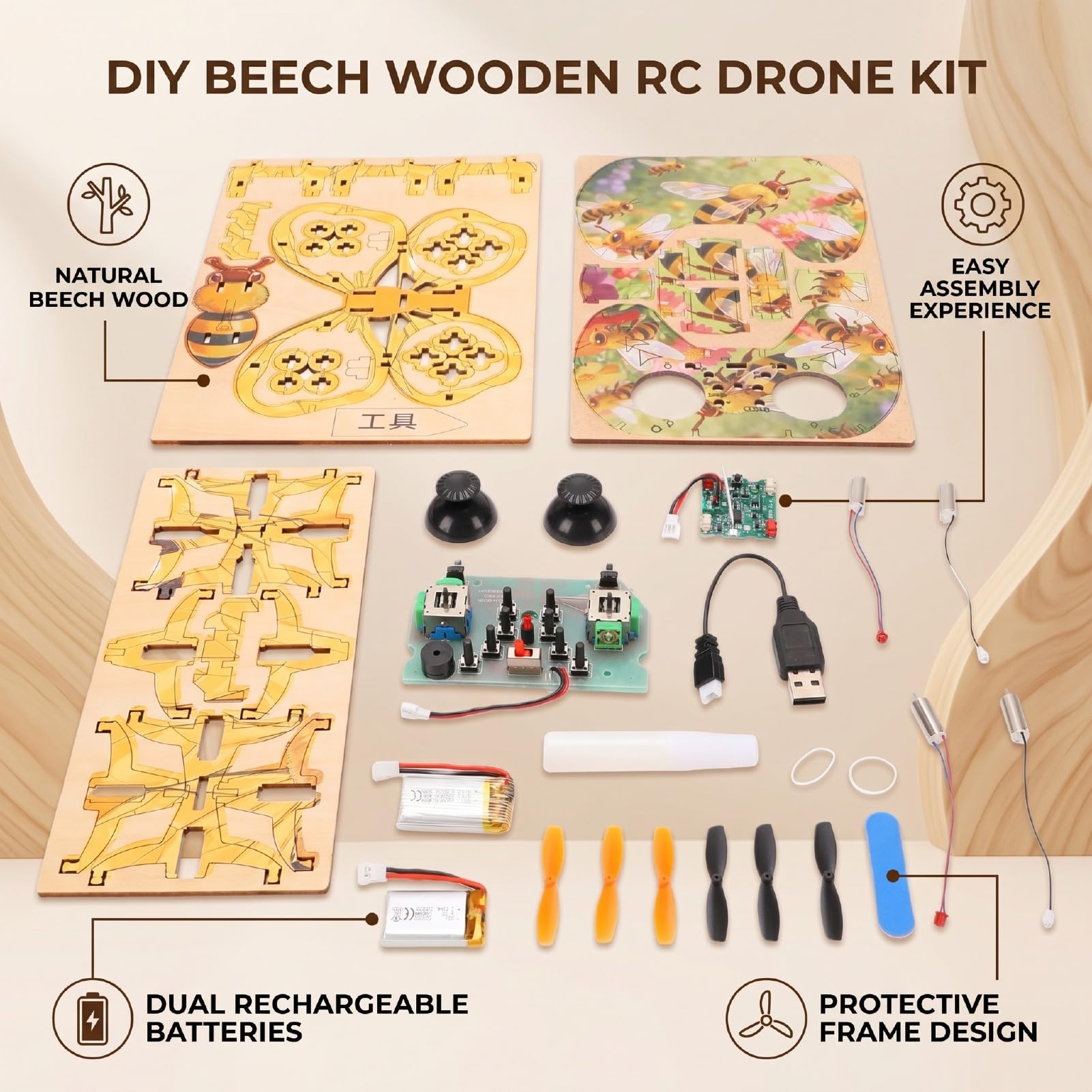 Sxhlseller Kit Drone RC in Legno Giocattolo di Assemblaggio Fai-da-te |Quadricottero in Legno di Faggio con modalità Senza Testa e Telaio Protettivo, Velivolo a 3 velocità da 500 MAh per
