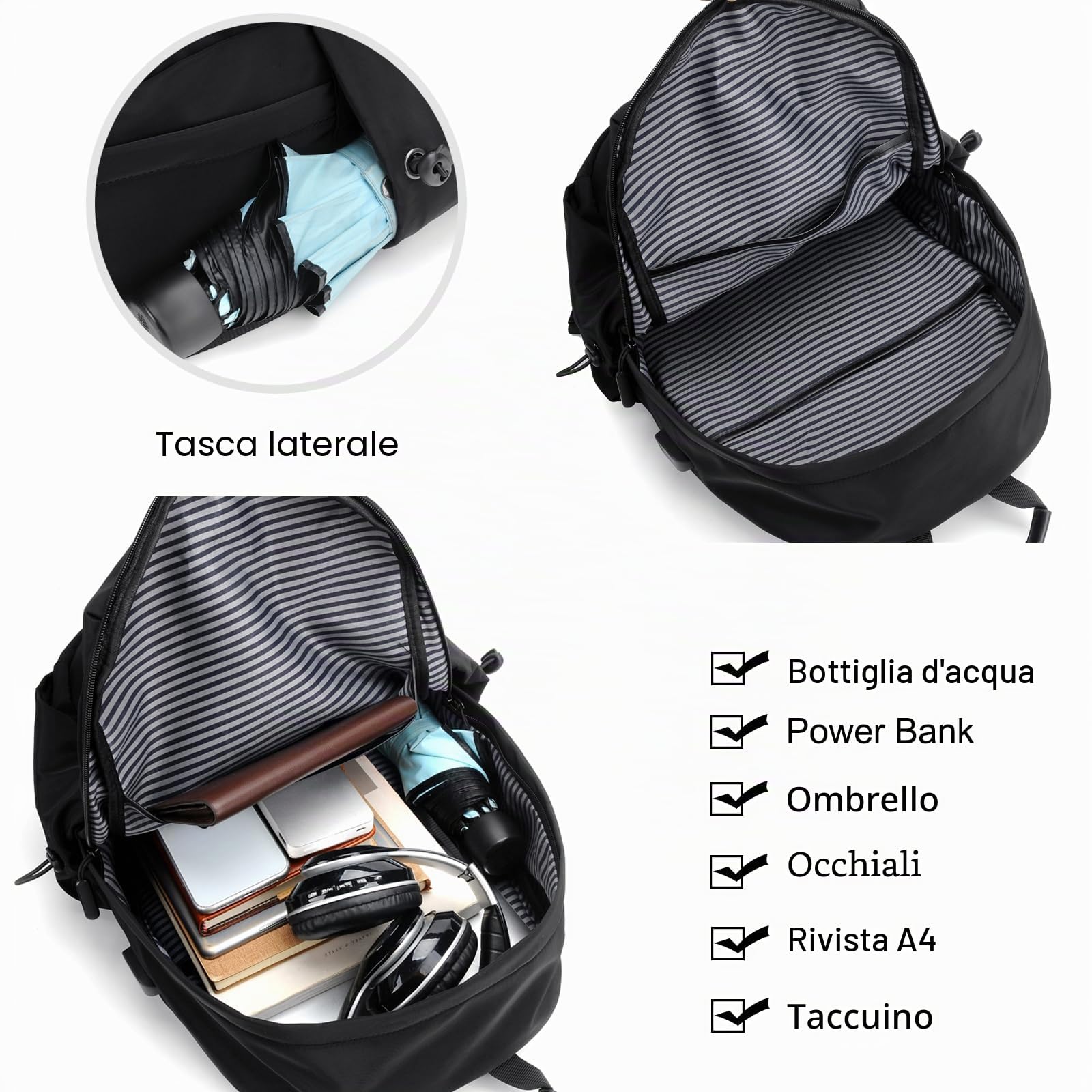 FANDARE Zaino Universitario 45x30x15 cm Poliestere Impermeabile, Zaino da Viaggio con USB e Aggancio al Trolley per Uomo Donna, Capiente Zaino Sportivo per Scuola, Palestra, Ufficio