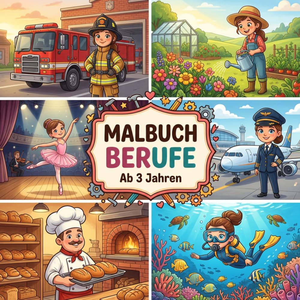 Malbuch Berufe für Kinder ab 3 Jahren — 40 Ausmalbilder: Wer bin ich, wenn ich groß bin? | Helfer & Retter, Handwerk & Bau, Kreative Berufe und ... mit extra dicken Linien für Kleinkinder